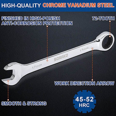 6-18mm SAE Metric Ratcheting Combination Wrench Set - chrome vanadium steel