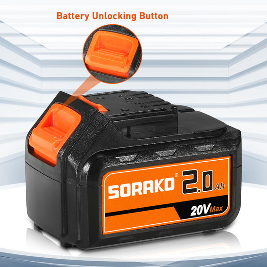 20V 2.0 Ah Replacement Battery - battery unlocking button