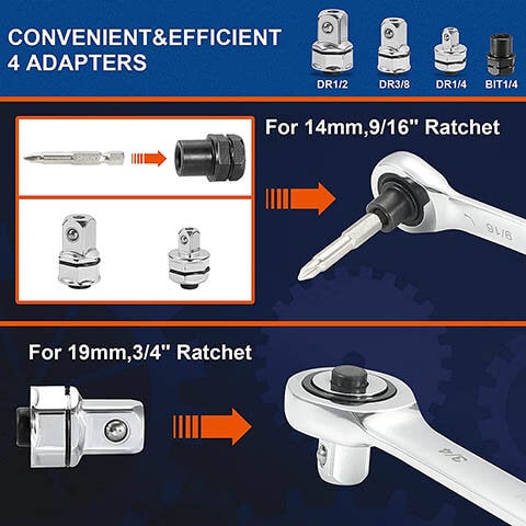 6-18mm SAE Metric Ratcheting Combination Wrench Set - 4 adapters
